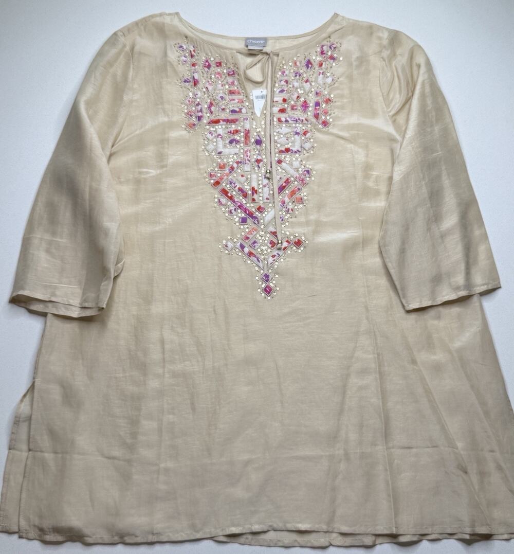 NWT Chico's Embellished V-Neck Tunic Tie Top Women Size 3 Tan Boho
